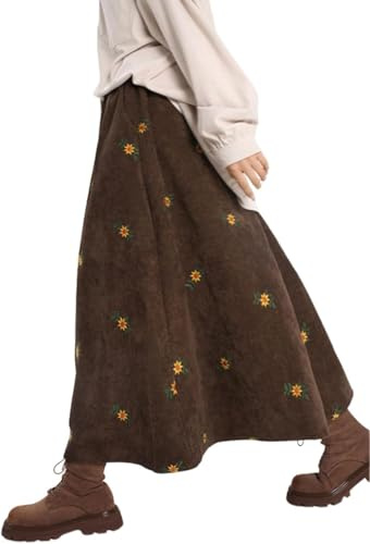 LLECDASEUI Gonne Lunghe Ricamate Floreali in Velluto a Coste da Donna Gonna Midi Elasticizzata a vita Alta con Tasche (Marrone,L)