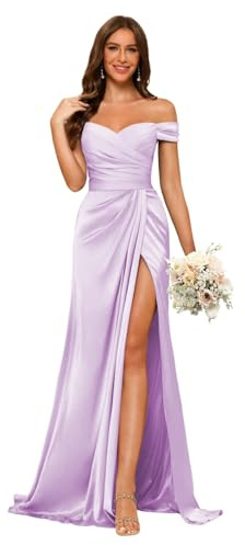 kopptioo Off Shoulder Mermaid Wedding Guest Dresses for Women Bridesmaid Draess Maxi Dress with Split Satin Evening Gowns Lilac UK14