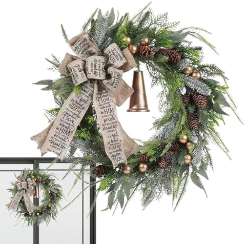 Corone di Natale per porta d'ingresso, corona di Natale per porta d'ingresso, corona di Natale retrò con campana | ghirlanda di Natale con palline di Natale in pigne, decorazione stagionale per po