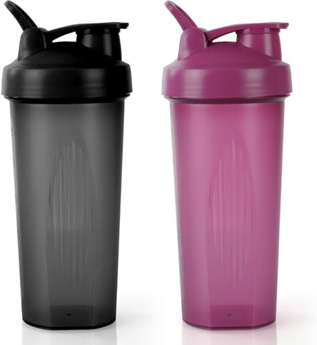 AOGOE 2 PCS Protein Shaker 600ml, Proteína Shaker a Prueba de Fugas con Bola Mezcladora, Botella Mezcladora de Batidos de Proteínas, Taza para Batidos de Proteínas para Fitness (Negro + Morado)