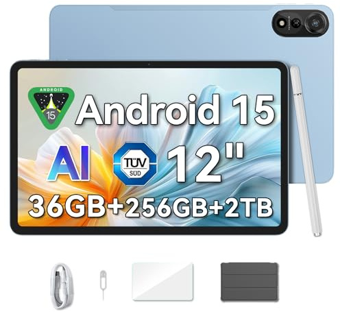 Blackview MEGA2 Tablet 12 Zoll Android 15, 36GB RAM + 256GB ROM (2TB TF Erweiterung),2K FHD Großes Display mit Widevine L1, Dual 4G LTE + 5G WLAN, Octa-Core T615, Große Batterie, 13MP + 8MP Kamera