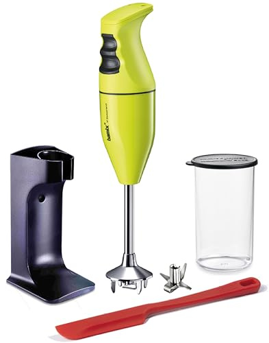 bamix Set mixeur plongeant EO180 CLASSIC PLUS avec support, récipient, couteau multifonction, spatule, 180 W, Fabriqué en Suisse, Citron vert/noir