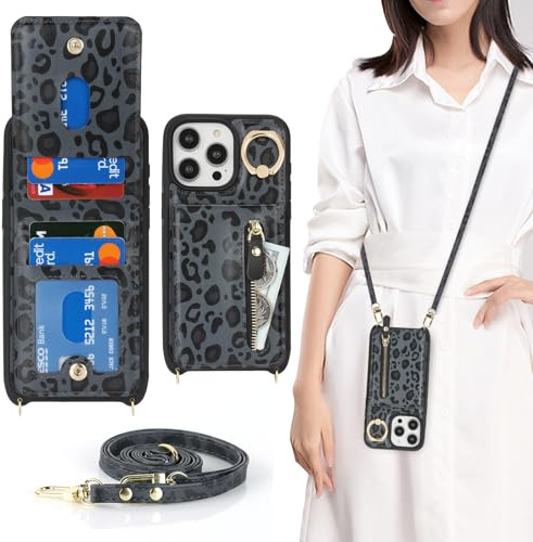 CAVOR Handykette Handyhülle kompatibel mit iPhone 15 Pro Max Hülle Mit Band,Flip Leder Geldborse Handytasche,[4 Kartenfach][Ring Stander][Schnalle],Handyhülle zum Umhängeband - Schwarz Leopard