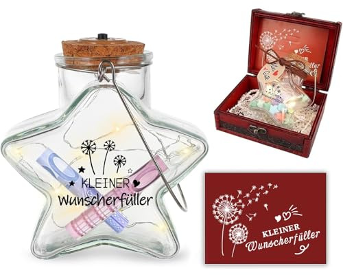 LED Wunscherfüller Geldgeschenk Dekoflasche mit Korken und Kleine Wunscherfüller Papiersterne im Vintage-Schatztruhen, Geschenk für Geburtstag Taufe Kommunion Konfirmation Jugendweihe Hochzeit
