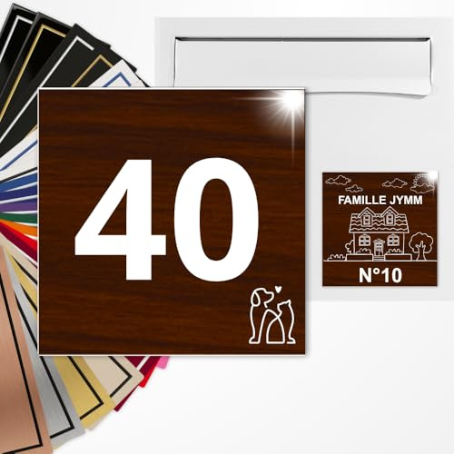 Numéro de Rue Maison Carré Personnalisé 10x10 cm Bois/Blanc | Gravure Laser, 22 Couleurs, Ornements Animaux Cœurs Régions ou Sans Motif, Adhésif 3M Pose Facile, Fabriqué en France