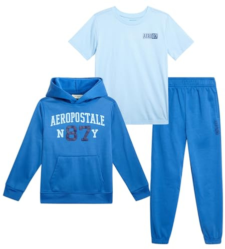 AEROPOSTALE Boys Sweatsuit Set - 3 Piece Athletic Soft Fleece Hoodie, Graphic Tee and Boys Joggers Sweatpants (Sizes: 8-12), Size 10, Delft Blue