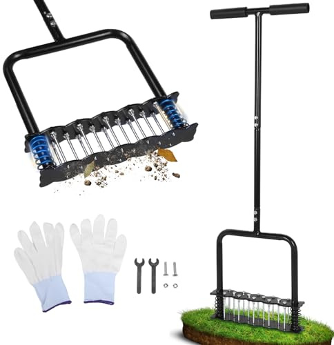Strumento aeratore per prato, aeratore manuale in acciaio inox con base a molla, design automatico per la pulizia di sporco e foglie, manico a T regolabile, allentamento del terreno, aerazione del