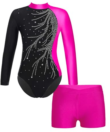 Sinleey Flicka barn gymnastikdräkt glitter strass med shorts set dans gymnastik konståkning kostym show år, rosa, 122-128