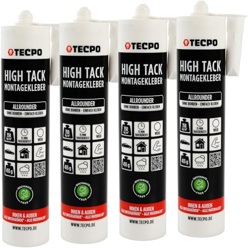 TECPO High Tack Montagekleber, 4X 455g zum Kleben, Dichten und Montieren Baukleber für Innen-und Außenbereich MS-Polymer Baukleber mit starker Anfangshaftung für Bauteile Kleben statt Bohren