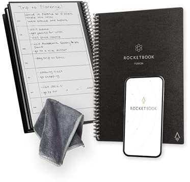 Rocketbook Fusion - Planificador de productividad reutilizable sin fecha, 15 cm x 22,4 cm, color negro, objetivos, calendario mensual y semanal, lista de tareas diarias, páginas rayadas y punteadas