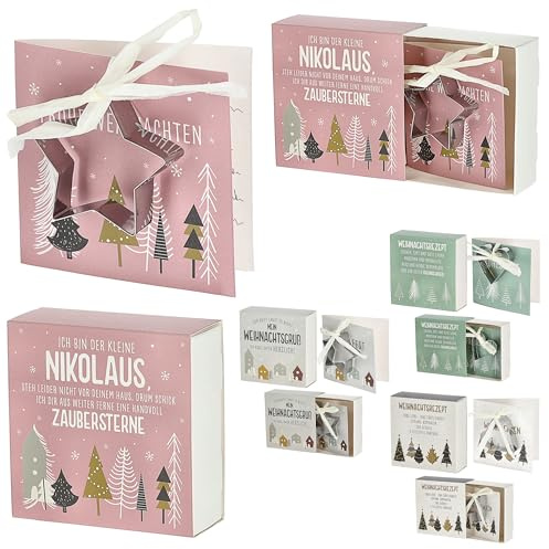 Geschenkbox Ausstecher 4 Motive Weihnachten | Karton Metall 10,5x10x4cm | Herz Stern Schachtel Grußkarte | Nikolaus Weihnachtsgruß Weihnachtsrezept
