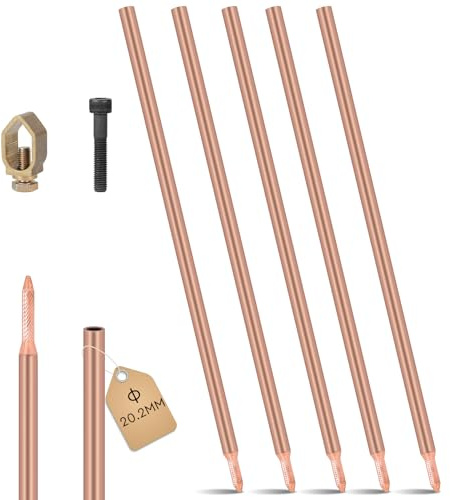 EFUTURETIME 5 x Tiefenerder Staberder 1M Erdungsstab φ20,2 mm, Erdspieß Erdung Kohlenstoffstahl mit 0,2mm Rotkupfer Beschichtung, staberder mit Klemme und Antriebbolzen