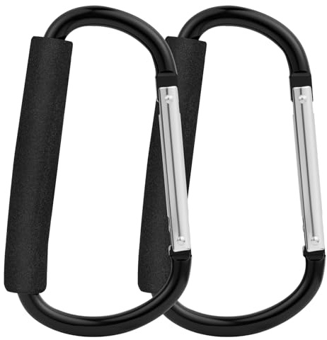 URAQT Large Buggy Clips 2PCS, Heavy Duty Pram Hooks, Aluminum Stroller Carabiner, Upgrade Pram Clips, Baby Pushchair Stroller Hook, for Hanging Purses, Diaper Bag, Shopping Bag, School Bags Black