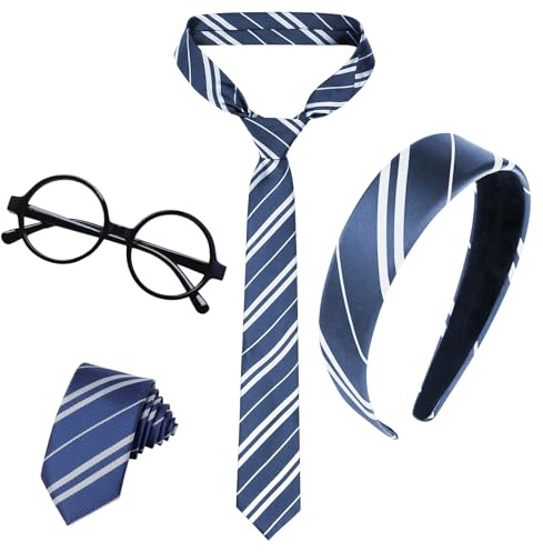 Xerteam Magische Kostüm Kinder Erwachsene Accessoires, Gestreifte Krawatte Haarreif Runder Brillen, Wizard Umhang Zubehör Faschingskostüm, Blaue Streifen Haarschmuck für Karneval Party Cosplay Uniform