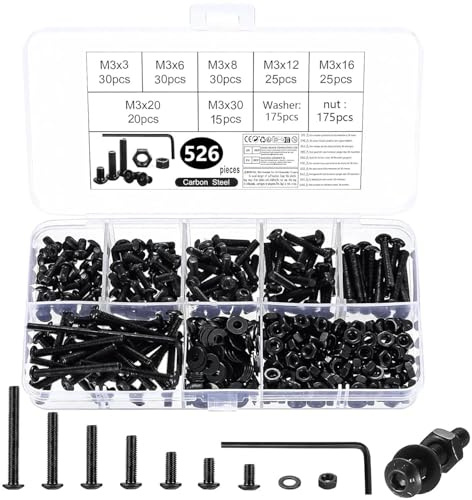 Kit Vis M3 Noir, 525 Fixations, Outils et Boîte, 3 à 30 mm | 175 vis, 175 écrous et 175 rondelles, avec clé en L, pincette et boîte compartimentée