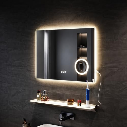 SONNI LED Badspiegel mit 3-fache Lupe 80x60 cm, Touch Badezimmerspiegel mit Steckdose, 3 Lichtfarben, Anti-Beschlag & Gedächtnisfunktion + 80cm Wandregal mit LED-Beleuchtung