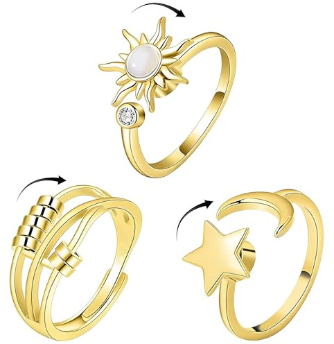 VOOSFSIE Set da 3 Anti Ansia Anelli Spinner Anelliper Oro, Luna Stella Sole Anelli Anti Stress Regolabili in Acciaio Inossidabile Dorato per Sollievo Ansia, Aperto Impilabili Anellis Antistress