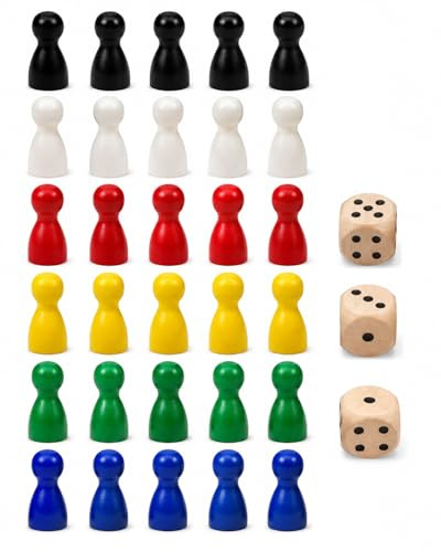 LONZIKP Pedine Sagomate in Legno, 30 Pezzi Multicolori (6 Colori) + 3 Dadi, Set Universale per Giochi da Tavolo, Ricambi e Progetti DIY Creativi