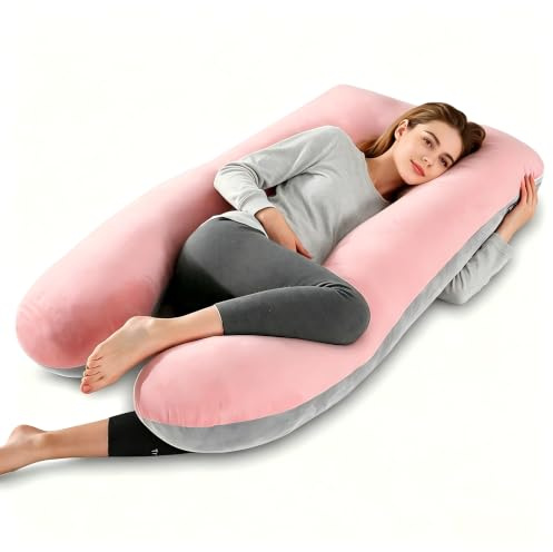 Otauoaea Coussin de Grossesse - Oreiller de Grossesse pour Femme Enceinte en Forme de U pour Dormir - Coussin d'allaitement et Coussin de Maternité avec Housse Lavable - Velours(Rose & Gris)