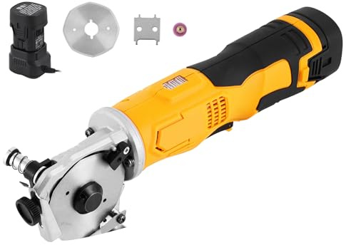 MXBAOHENG Forbici per tessuti a batteria Taglierina elettrica rotonda Spessore massimo di taglio 25 mm per il taglio di tessuto/moquette/pelle/gomma/cartone (1 batteria 2 lame, Giallo)