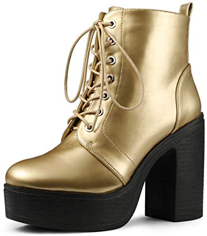 Allegra K Women's Platform Chunky High Heel Lace Up Gold Combat Boots - 6.5 M US