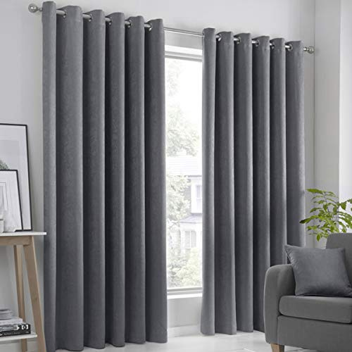 Fusion Strata Woven Eyelet Lined Curtains, Charcoal, 90 x 90 Inch