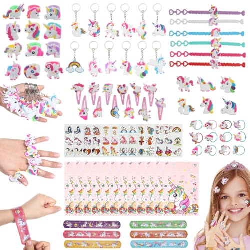 Anpro 90 PCS Unicorn Party Favors for Kids, Birthday Goodie Bags Fillers | Unicorn Party Bags Fillers for Kids,Hairpin,Slap Bracelets,Keychain,Temporary Tattoos Sticker and so on,Suitable for 3+ Girls
