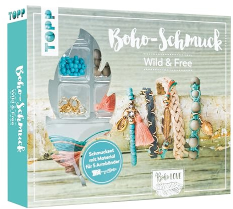 Boho-Schmuckset Wild & Free (Türkis/ Lachs): Anleitung und Material für 5 Armbänder im Boho Look zum Selbermachen. Bänder, Biegeringe, Perlen und Anhänger. Nickelfrei