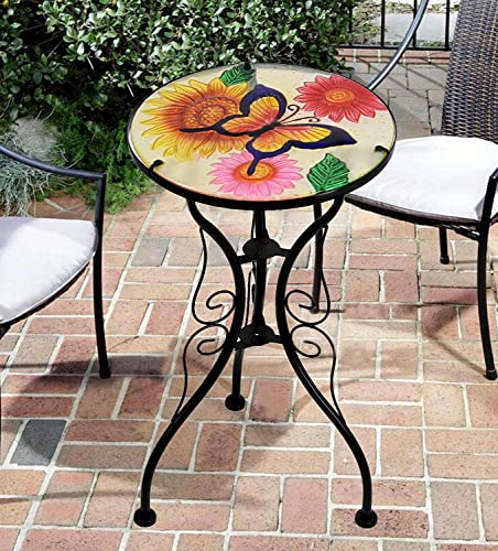 GEEZY Mosaic Garden Table – Flowers and Butterfly Design, Weatherproof Glass & Iron, Small Round Outdoor Patio Coffee Versatile Bistro Side Table Plant Stand for Home & Gift, Garden Tables Only