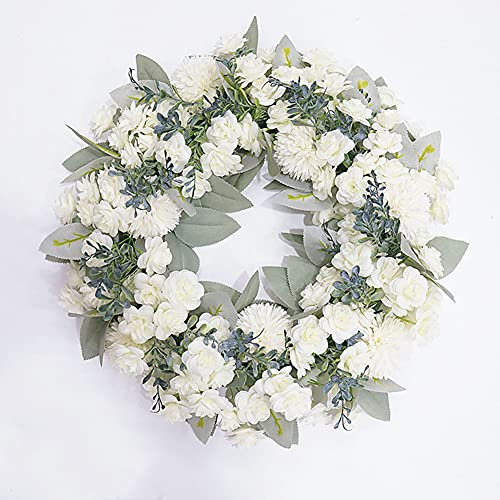 HAOSHICS Artificial Flower Hanging Wreath, Faux Garland Front Door Wreath,Artificial Wreath for Door Wedding, Party, Home, Wall, Window Decor (White Rose)