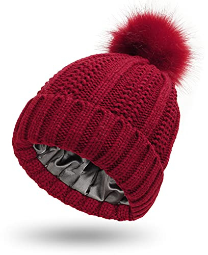 Damen Strickmütze mit Satinfutter Pom Pom Winter warme Mütze Bommelmütze, rot, One size