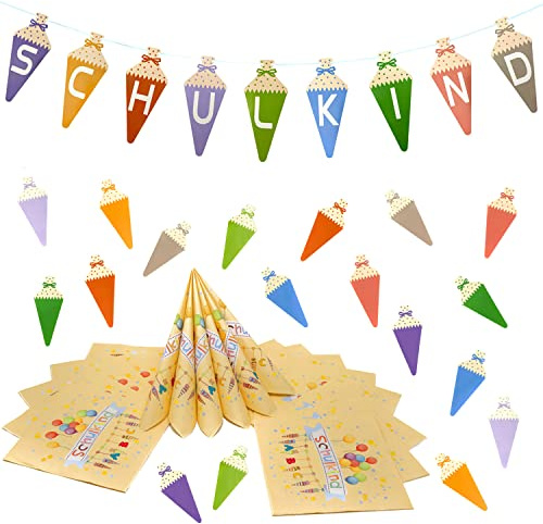 Oblique Unique Einschulung Deko Set für Schulanfang – Schulkind Zuckertüten Girlande + 20 Servietten + Zuckertüten Konfetti – Deko für Schuleinführung Jungen und Mädchen