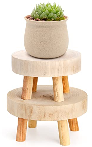 TOPZEA Set of 2 Mini Wooden Plant Stand, Plant Stand Indoor Short Wood Riser Stool Display Decorative Boho Small Pedestal Stand Counter Potted Planter Holder Risers for Candle, Dessert, Gnome