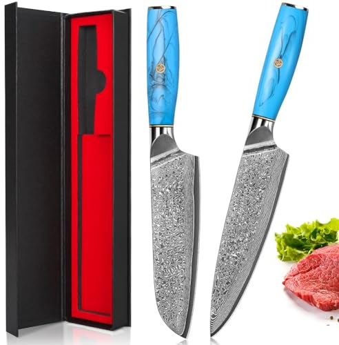 Home Safety Damast Messerset 2STK, Damast Santokumesser Set Küchenmesserset aus 67 Lagen Vg-10 Damaststahl, Profi Damast Kochmesser Set Ergonomischer Naturharzgriff, Geschenkbox