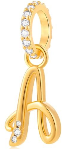 Alphabet CZ Letter A Pendant Charm, 18K Yellow Gold Plated 925 Sterling Silver Initial A Dangle Beads fit Pandora Anniversary Bracelet, Gift for Wedding/Best Mum/Aunt/Auntie