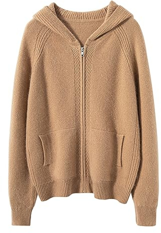 DISSA Cardigan Cachemire Laine Femme Capuche Manches Longues,EU 38-42 | Visite bureau,maille unie,fermeture à glissière complète,poches avant,bords côtelés,généreuse,élastique,décontractée