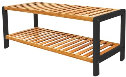 1ABOVE Bamboo Shoe Rack, Plant Rack, Perfect for Corridor, Living Room, Bathroom, Bedroom, Hallway or Small spaces-Parent. (Black & Natural, 2 Tier)