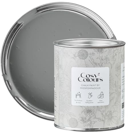 MissPompadour Kreidefarbe für Möbel grau 750ml, Calm Grey - Holzfarbe, Holzlack matt innen - Möbellack, Möbelfarbe ohne Schleifen - Kreidefarbe für Holz - CosyColours