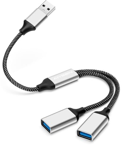AIYEEN USB Splitter Cable, USB A Splitter 1 in 2 Out Adapter, Dual Port Hub for Data Transfer/Charging, Extra Extender Data Split Power Cord Extension for Car/Laptop/Mac/PC (Silver)
