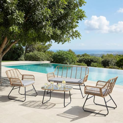 IDIMEX Gartenmöbel Riviera, Schwarz & Braun - Zweisitzer Loungeset mit 2 Sesseln und Beistelltisch, kleines Gartensofa aus Polyrattan, Metallgestell wetterfest