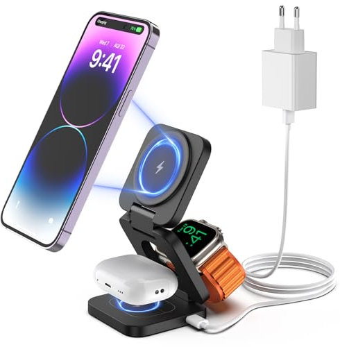 KU XIU X55 Ladegerät 3 in 1 Faltbar Ladestation für i-Phone 17/16/15/14/13/12, 5W schneller Ladeständer für Apple Watch 9/8/7/6/5/4/3/2/SE, für AirPods3/2/Pro mit Adapter