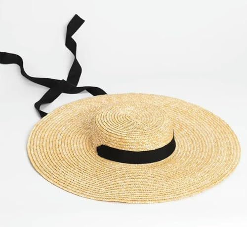 FUZHIK Sonnenhut mit breiter Krempe, 15 cm Krempe, Flacher Strohhut für Damen, Strandkappen, weiß/schwarz, mit Schleife, Strand-Seitenkappe, Schlapphut für Damen, Bast-Stroh