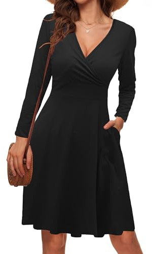 LIAMERHE Mini Robe Femme Manches Longues Col V Chic et Elegant Robes Automne et Hive A-Line Casual Robe Imprimée avec Poches pour Fête Noël Mariage Noir L