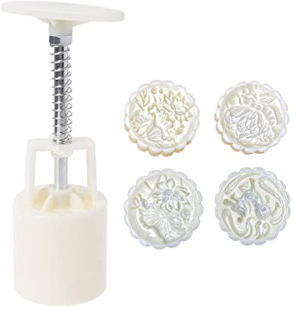 LXJLXD Mondkuchen-Form, 75 g, Form mit 4 verschiedenen Mustern, Gebäckstempel, Herbstfest-Stempel zum Backen