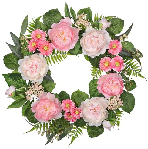 Arborus Türkranz Ganzjährig 60 CM Blumenkranz Künstlich Pfingstosen Kunstblumen Hortensie Dekokranz Sommerkranz Haustür Eingangstür Türschmuck Wanddeko für Wohnzimmer Schlafzimmer Esszimmer Badezimmer