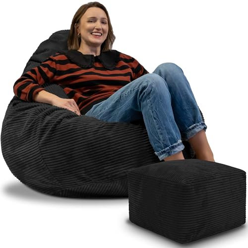 DreamRoots Sitzsack Erwachsene Cord oder Kinder - Bean Bag Sofa - Sitzsack Cord mit Hocker und Bezug - Sitzsäcke mit Füllung 90x90x100 cm Black Beauty