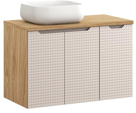 Lomadox Badezimmer Waschtisch 90 cm breit in Eiche mit beige, Keramik-Waschbecken und grifflose 3D-Front
