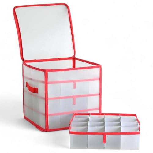 MIJOMA Aufbewahrungsbox Sortierbox Weihnachtstasche für Christbaumkugeln und Weihnachtsschmuck, zusammenklappbar, transparent (Rot, 31,5 x 31,5 x 31,5 cm für 64 Teile mit Einsätzen)