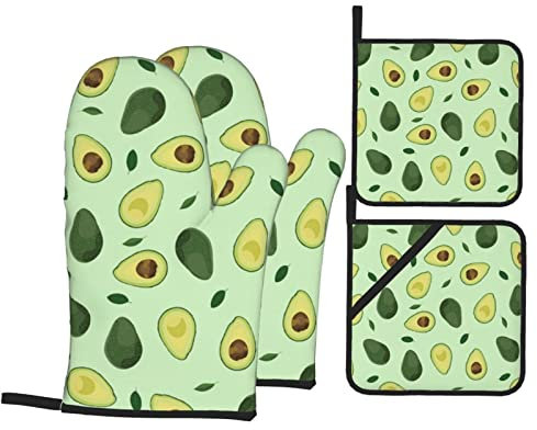 Ensemble de gants de cuisine et de maniques verts - Avocat entier et tranché - Résistant à la chaleur - Surface antidérapante - Pour la cuisine, la cuisson, le grill, le barbecue