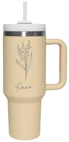 Thermobecher personalisiert „Wunschname“ mit Gravur & Blumen-Motiv - Trinkbecher mit Deckel und Strohhalm 1,2 l / 40 oz - personalisiertes Geschenk Geburtstag Weihnachten - Farbe Rosé